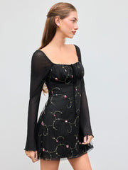 Mesh Sweetheart Neckline Floral Mini Dress