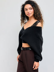 V-neck Solid Lace Knit Crop Wrap Sweater