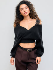 V-neck Solid Lace Knit Crop Wrap Sweater