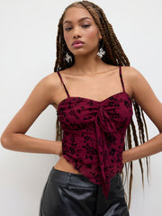 Mesh V-neck Floral Lettuce Trim Knotted Crop Cami Top