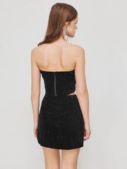 Velvet Glitter Tie Front Bowknot Tube Top & Mid Rise Split Mini Skirt Set