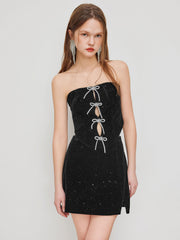 Velvet Glitter Tie Front Bowknot Tube Top & Mid Rise Split Mini Skirt Set