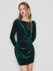 Velvet Boat Neck Ruched Mini Dress