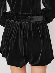 Velvet Mid Rise Bubble Hem Shorts With Belt