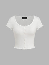 100% Cotton Pointelle U-neckline Floral Lettuce Trim Short Sleeve Top
