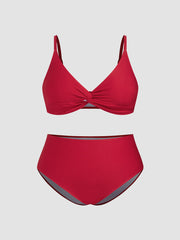 Rib Fabric V-neck Twist Triangle Full Coverage Bikini Set Curve & Plus