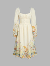 U-neckline Butterfly Floral Knotted Shirred Midi Dress