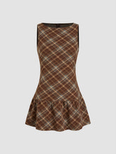 Wool-look Boat Neck Plaid Ruffle Hem Mini Dress