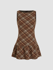 Wool-look Boat Neck Plaid Ruffle Hem Mini Dress