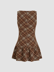 Wool-look Boat Neck Plaid Ruffle Hem Mini Dress