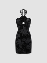 Velvet Halter Neckline Floral Rosette Cut Out Mini Dress