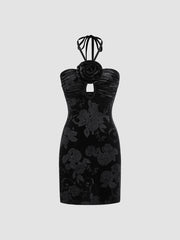 Velvet Halter Neckline Floral Rosette Cut Out Mini Dress