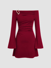 Off-Shoulder Bell Sleeve Hook Ruched Mini Dress