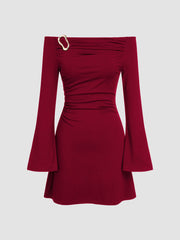 Off-Shoulder Bell Sleeve Hook Ruched Mini Dress