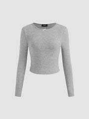 Cotton-blend Round Neckline Bowknot Long Sleeve Top & Low Rise Legging Shorts
