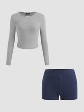 Cotton-blend Round Neckline Bowknot Long Sleeve Top & Low Rise Legging Shorts