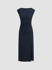 Boat Neck Ruched Split Maxi Dress
