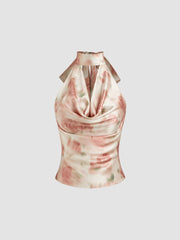 Satin Halter Neckline Floral Bowknot Tank Top