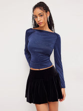 Boat Neck Solid Glitter Ruched Long Sleeve Crop Tee