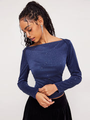 Boat Neck Solid Glitter Ruched Long Sleeve Crop Tee