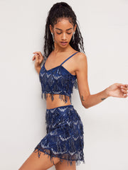 Sequin V-neck Zipper Crop Cami Top