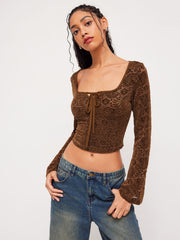 Lace Square Neck Floral Knotted Bell Sleeve Crop Top