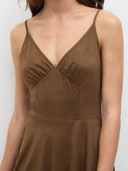 Suede V-neck Ruffle Midi Dress