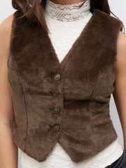 Fleece V-neck Button Cropped Waistcoat