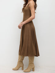 Suede V-neck Ruffle Midi Dress