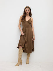 Suede V-neck Ruffle Midi Dress