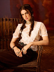 High Neck Lace See-through Short Sleeve Blouse