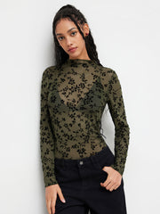 Stand Collar Floral See-through Lettuce Trim Bodysuit