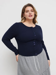 Round Neckline Button Up Long Sleeve Top Curve & Plus
