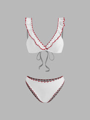 V-neck Ruffle Contrasting Binding Tankini Cheeky Bikini Set