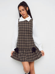 Wool-like Boat Neck Tartan Bowknot Mini Dress