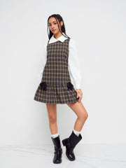 Wool-like Boat Neck Tartan Bowknot Mini Dress