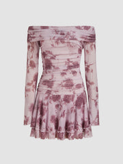 Mesh Off-shoulder Floral Ruched Ruffle Mini Dress