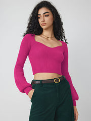Knit V-neck Solid Lantern Sleeve Crop Top