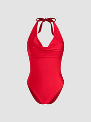 Shaping Cowl Neck Knotted Ruched One Piece Swimsuit