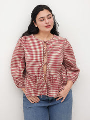 100% Cotton Round Neckline Gingham Tie Front Ruffle Hem Long Sleeve Blouse Curve & Plus