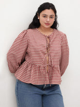 100% Cotton Round Neckline Gingham Tie Front Ruffle Hem Long Sleeve Blouse Curve & Plus
