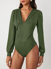 Jersey V-neck Solid Ruched Bodysuit