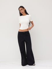 Round Neck Solid Shirred Short Sleeve Top