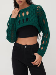 Knit Round Neckline Hollow Out Long Sleeve Crop Top