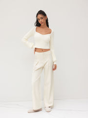 Low Rise Tie Back Pleated Wide Leg Jeans