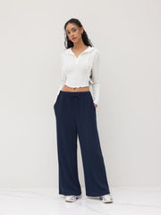 Hooded Solid Top & Mid Rise Pocket Wide Leg Trousers Set