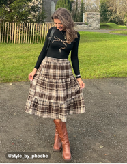 Woven High Rise Check Ruffle Tiered Maxi Skirt