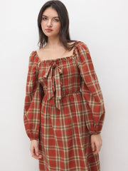 100% Cotton Tartan Bowknot Shirred Midi Dress