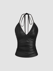 Faux Leather Ruched Split Midi Skirt & Halter Cami Top