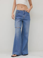 Denim Low Rise Ripped Raw Trim Baggy Jeans